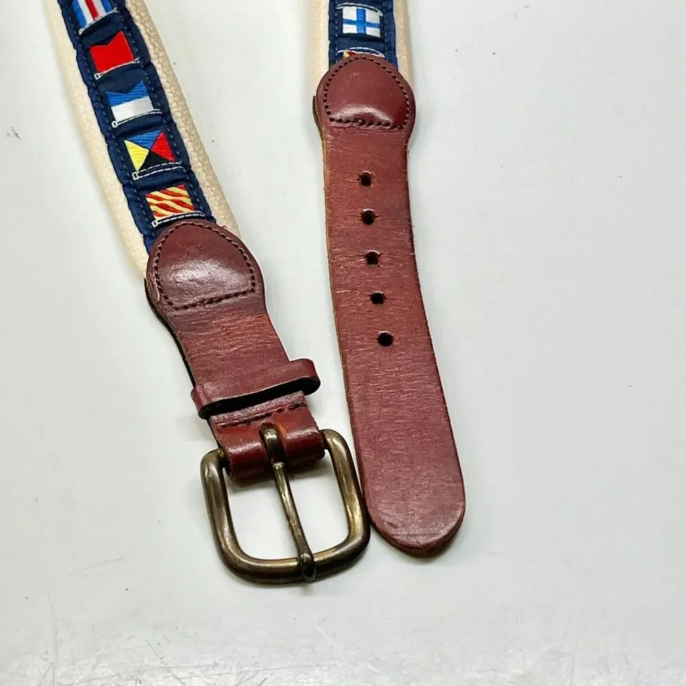 Leather Man Ltd Mens Nautical Flag Ribbon Brown Leather Belt Size 30 XS Brass
